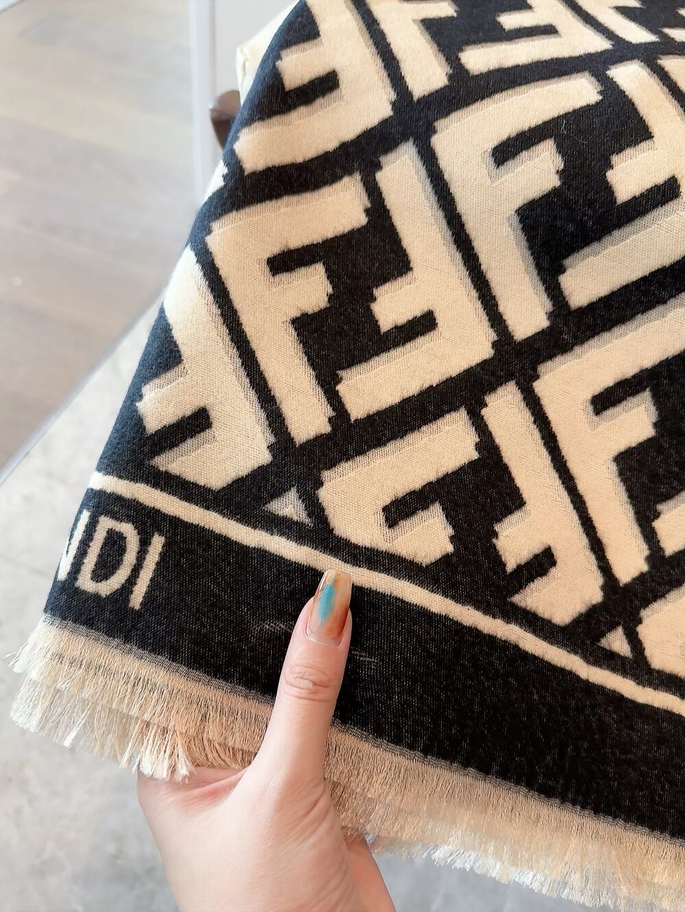 FENDI Black & Beige Monogram Scarf — detail