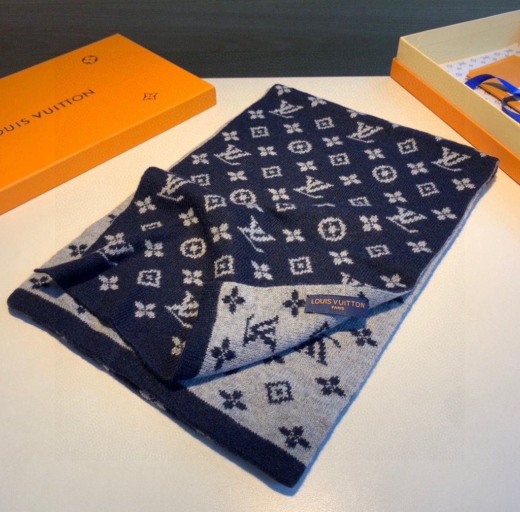 Louis Vuitton Navy and Gray Monogram Knit Scarf — front