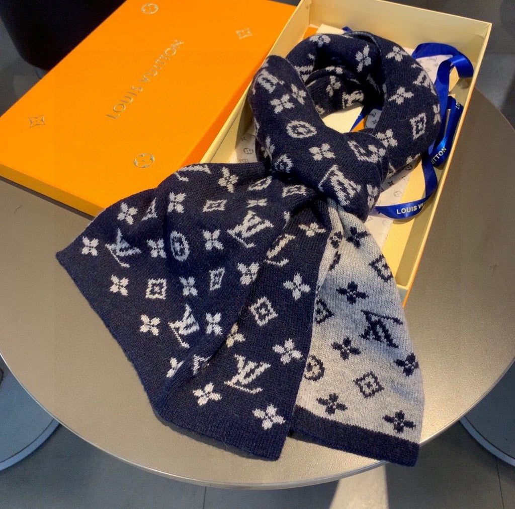 Louis Vuitton Navy and Gray Monogram Knit Scarf — front