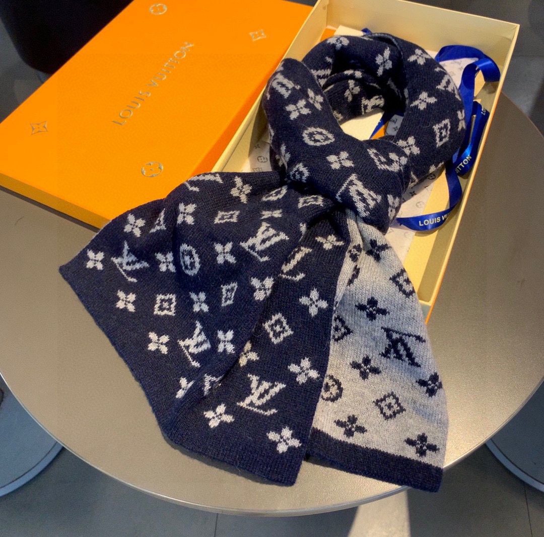 Louis Vuitton Navy and Gray Monogram Knit Scarf — front