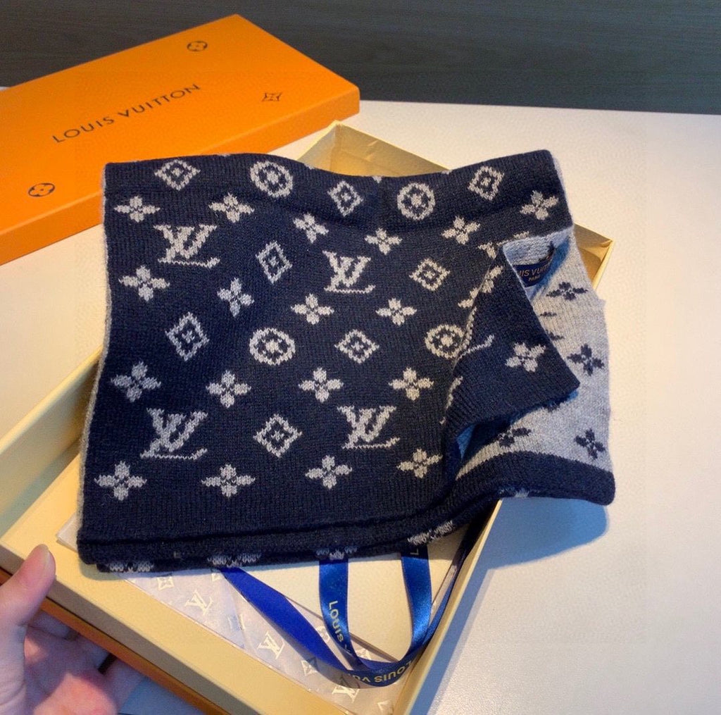 Louis Vuitton Navy and Gray Monogram Knit Scarf — front
