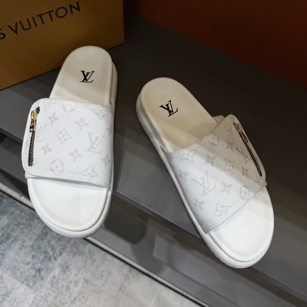 Louis Vuitton White Monogram Zip Slide Sandals — hero