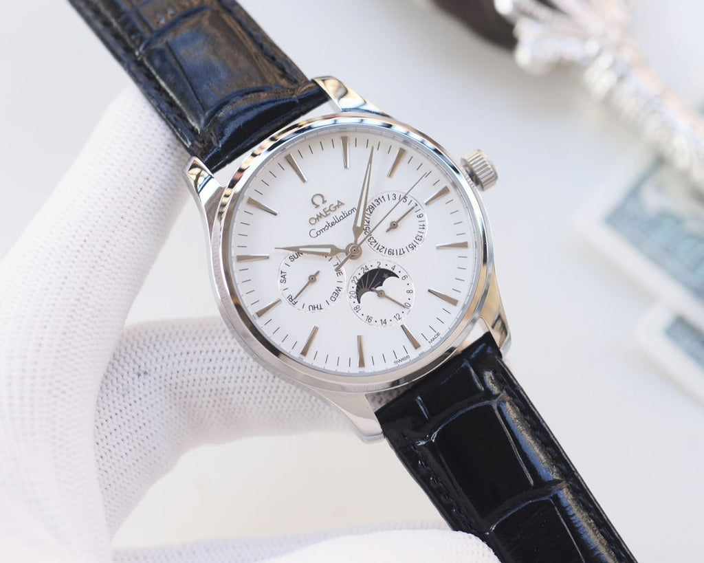 Omega Silver Black White Dial Leather Strap Watch — front