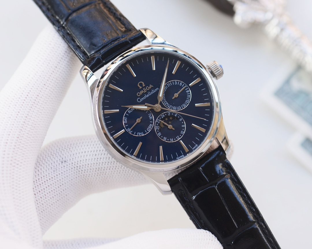 Omega Silver Black Blue Dial Leather Strap Watch — hero