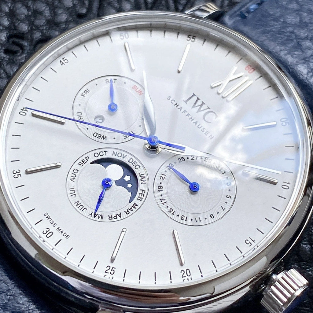IWC Silver Blue White Dial Leather Strap Watch — detail