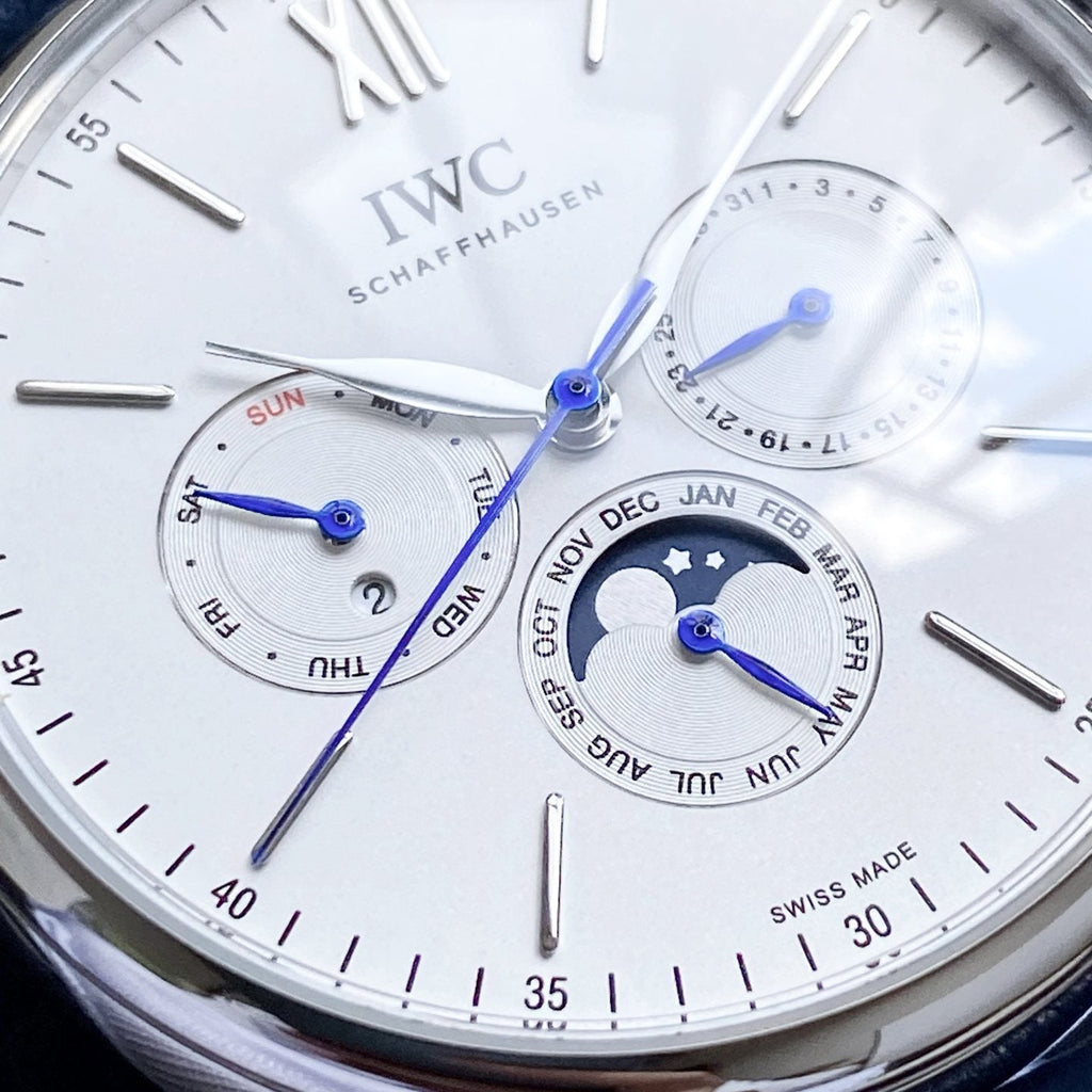 IWC Silver Blue White Dial Leather Strap Watch — detail