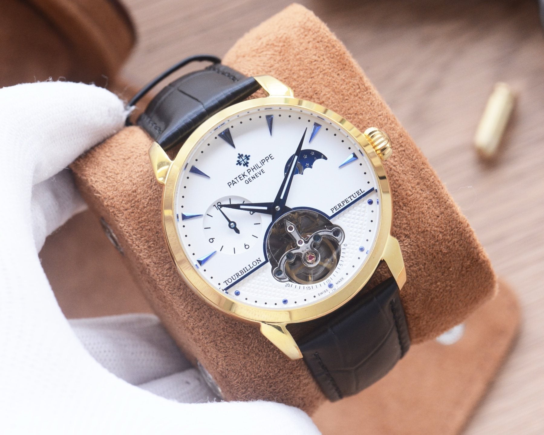 Patek Philippe Gold Black White Dial Leather Strap Watch — front