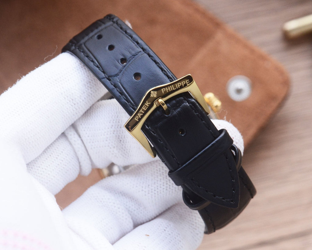 Patek Philippe Gold Black White Dial Leather Strap Watch — detail