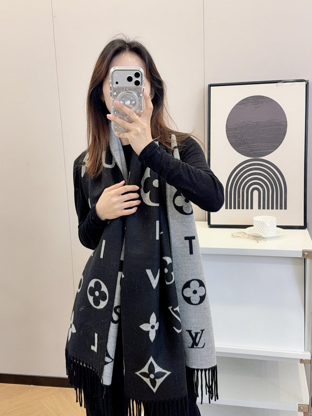 Louis Vuitton Black & Gray Patterned Scarf — model