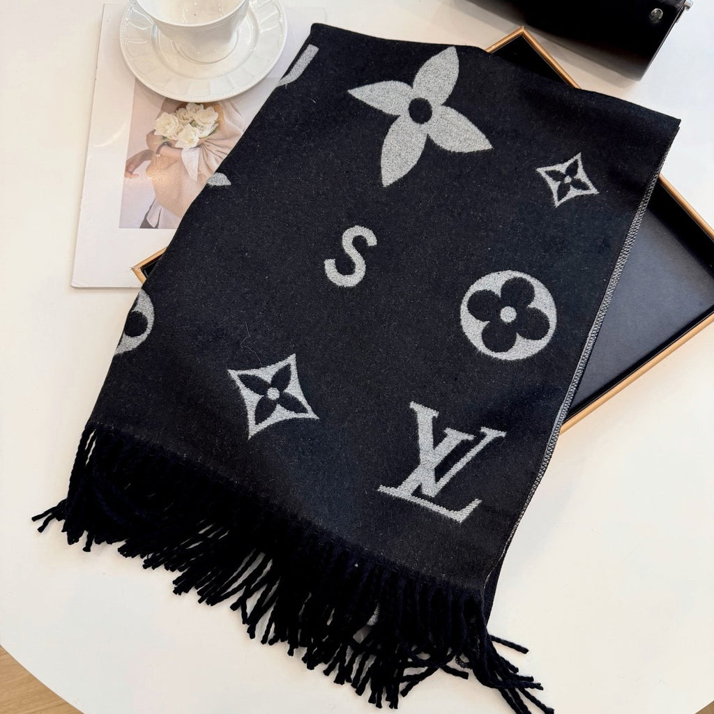 Louis Vuitton Black & Gray Patterned Scarf — front