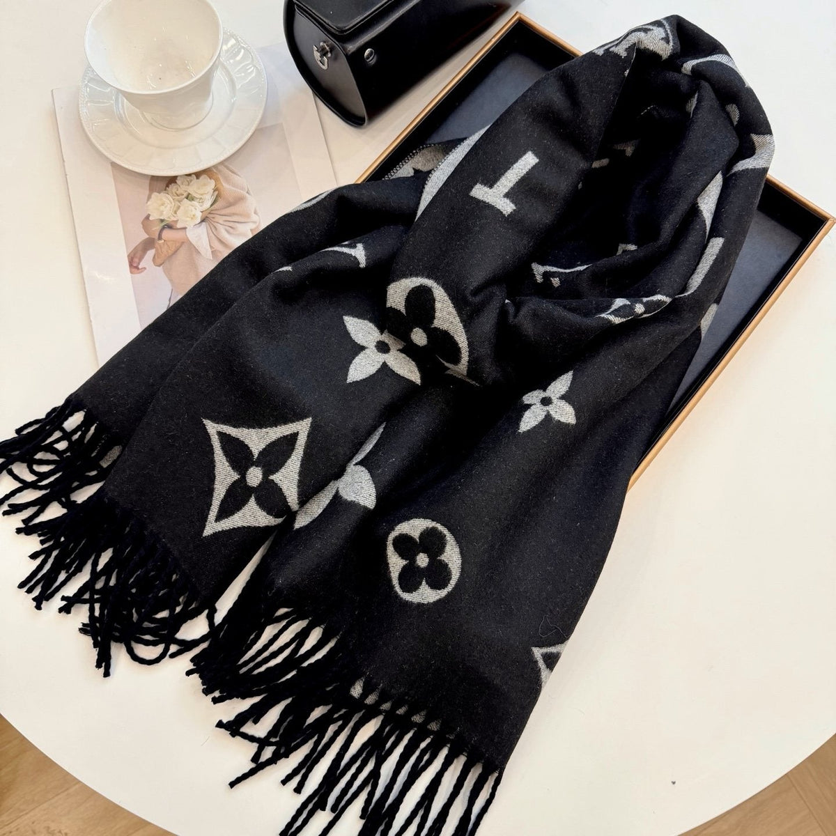 Louis Vuitton Black & Gray Patterned Scarf — front