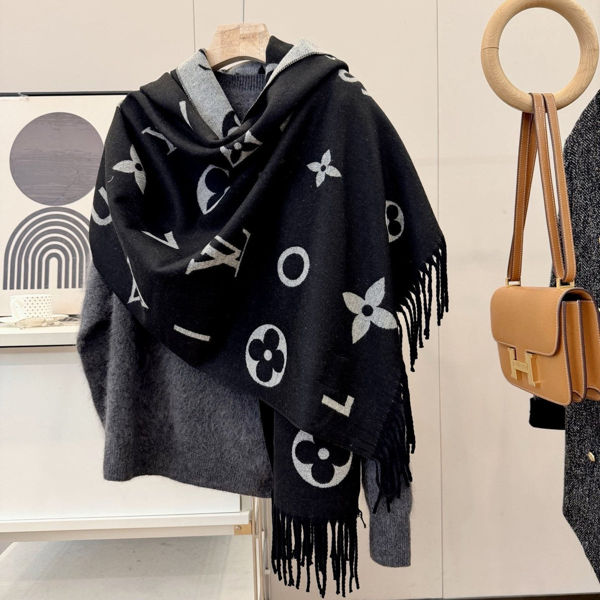Louis Vuitton Black & Gray Patterned Scarf — front
