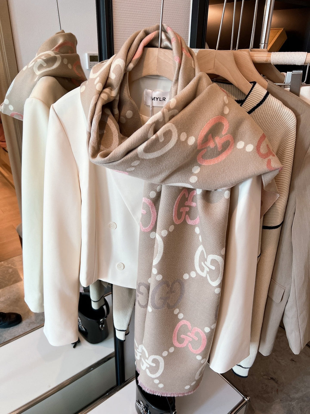 Gucci Beige Brown Ivory Monogram Fringed Scarf — hero