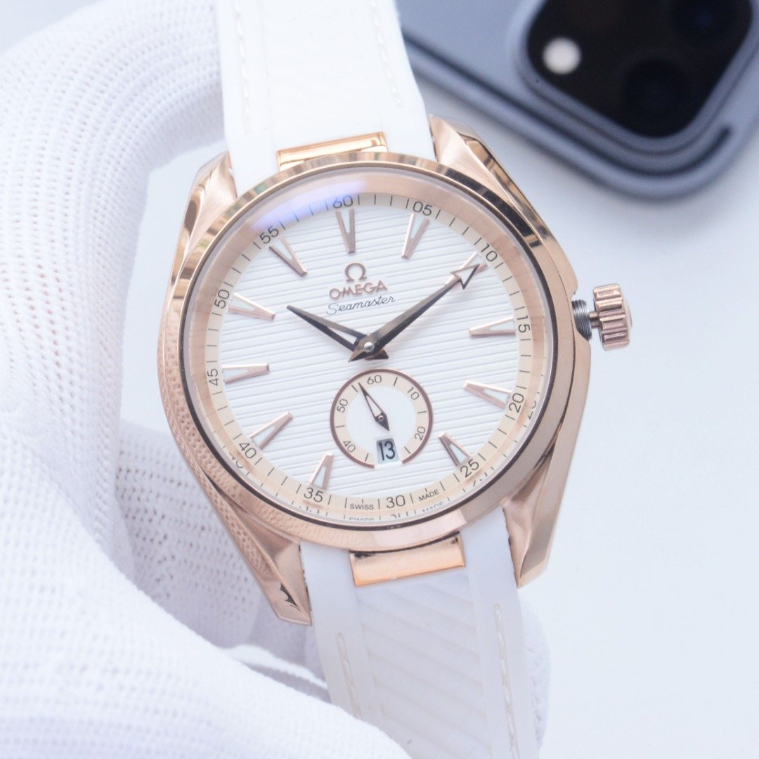 OMEGA Rose Gold White Dial Strap Watch — front
