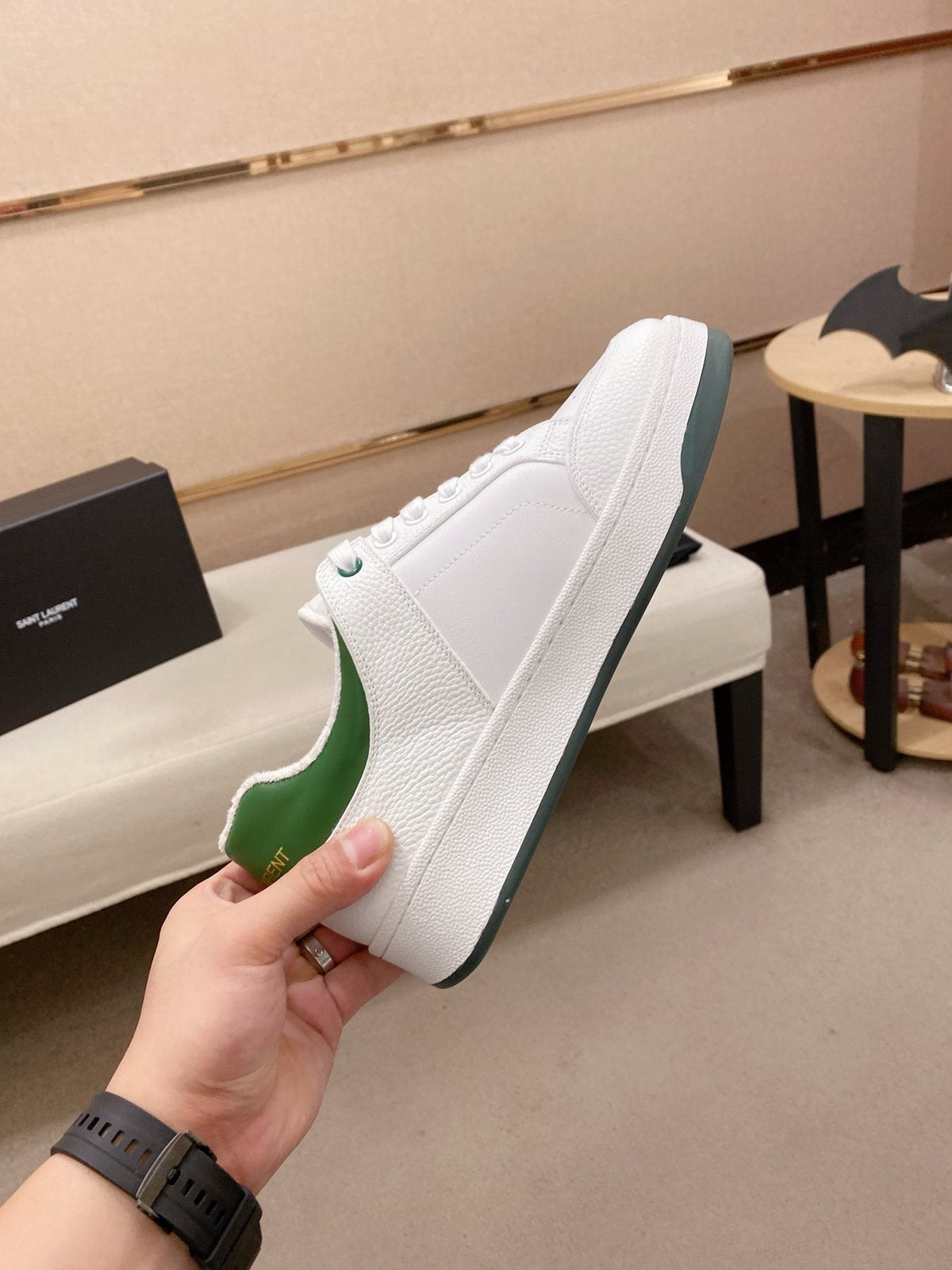 Saint Laurent White and Green Low-Top Sneakers — detail