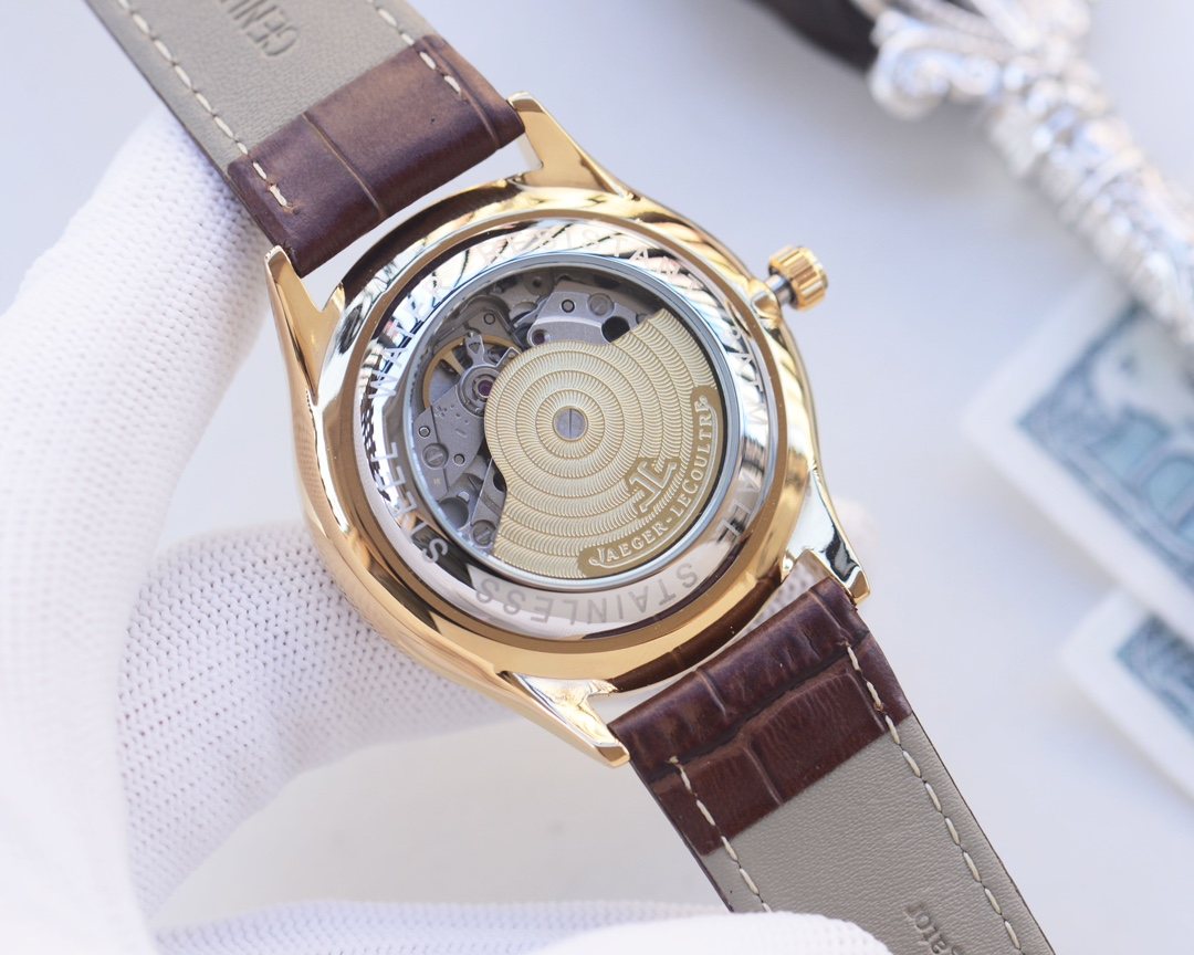 Jaeger-LeCoultre Gold Brown Black Dial Leather Strap Watch — back