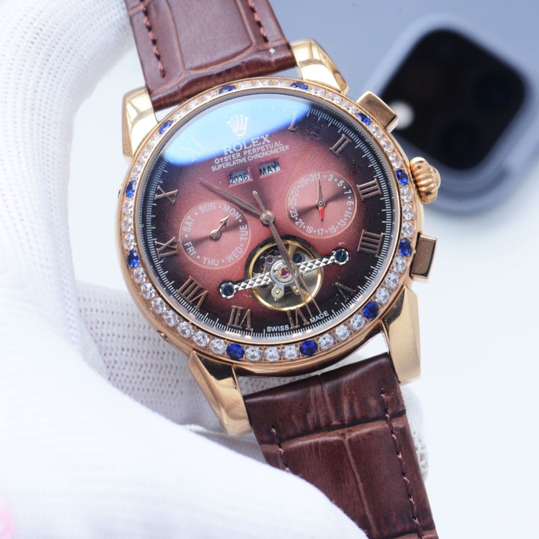 Rolex Rose Gold Brown Strap Watch — hero