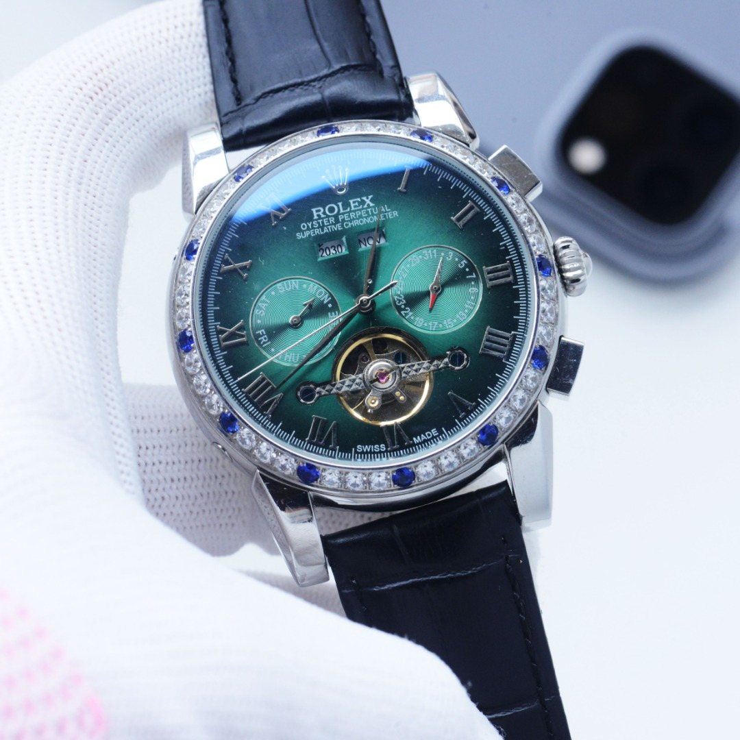 Rolex Silver Black Green Dial Strap Watch — hero