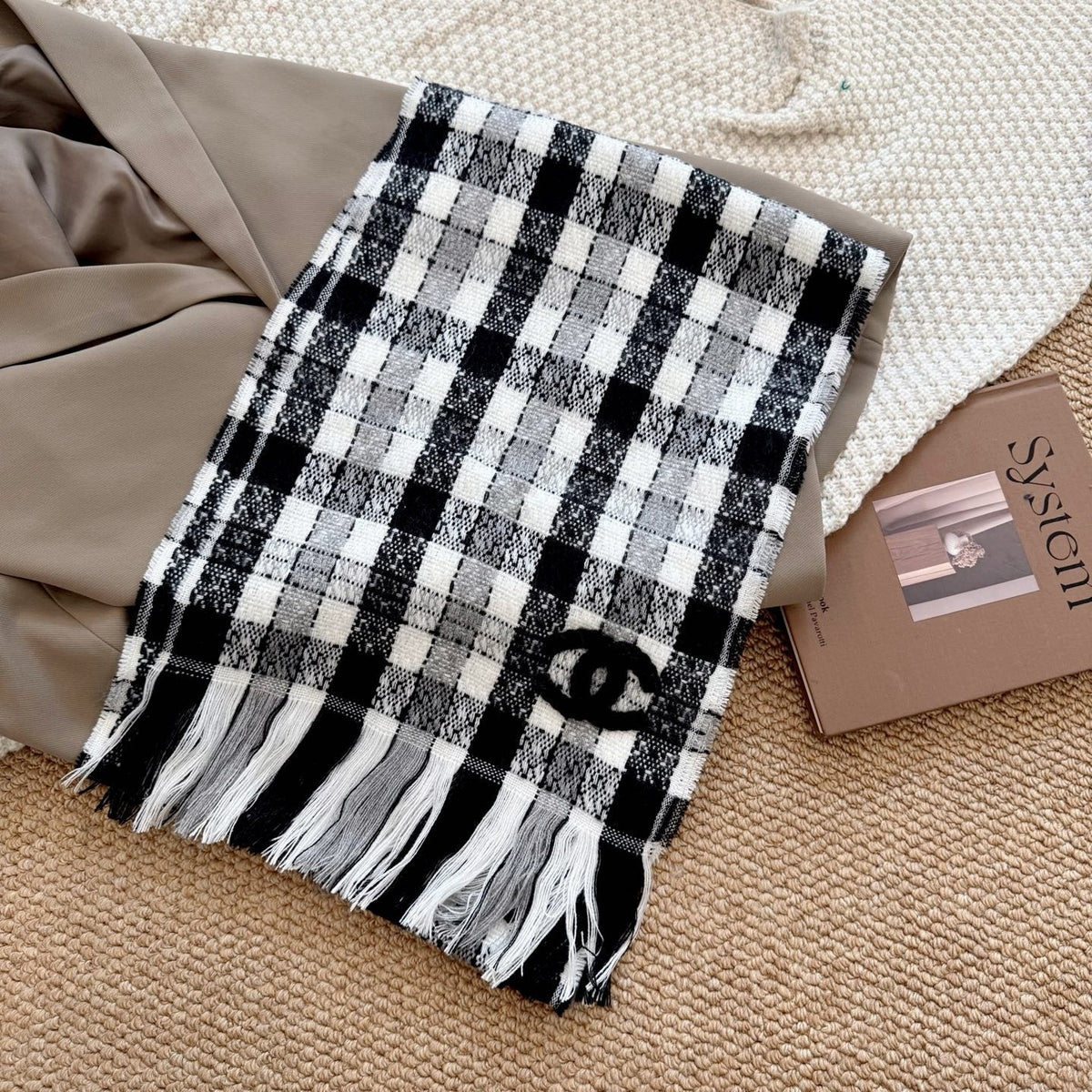 Chanel Black and White Plaid Fringed Scarf — front