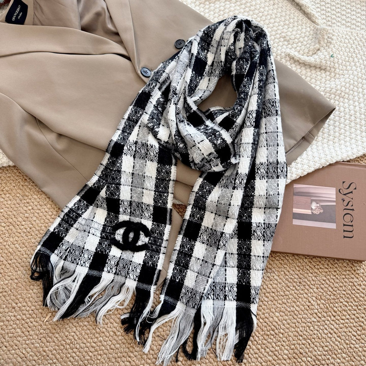 Chanel Checked Fringe Scarf — front