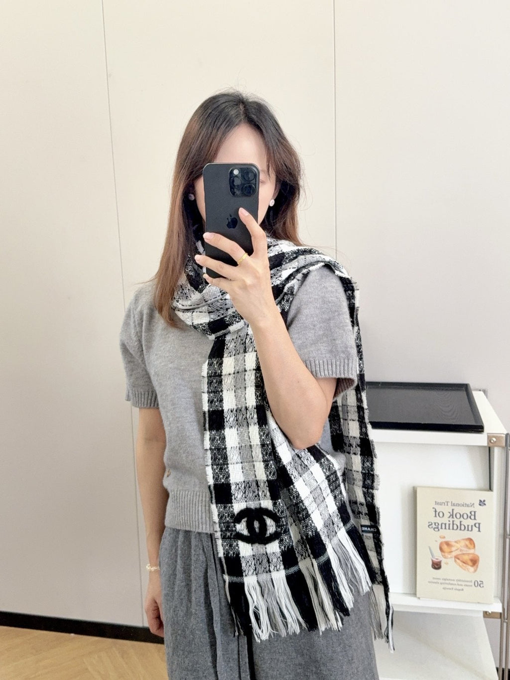 Chanel Checked Fringe Scarf — model