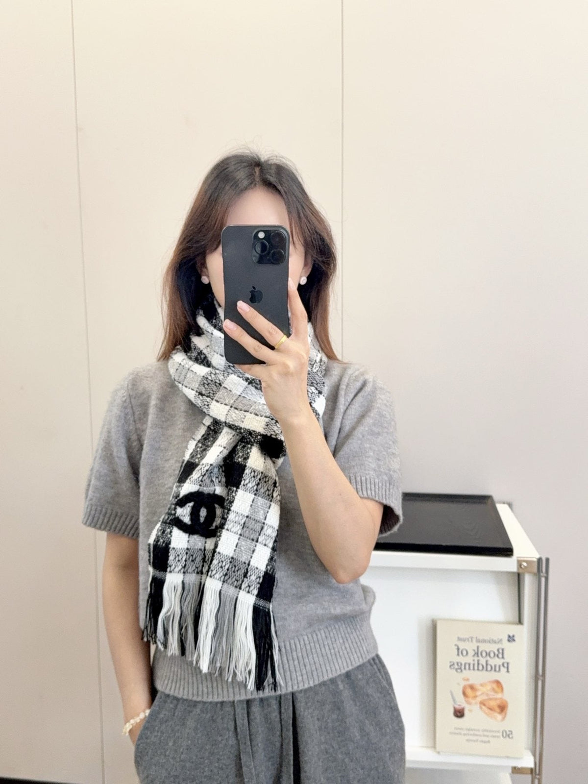 Chanel Black and White Plaid Fringed Scarf — model
