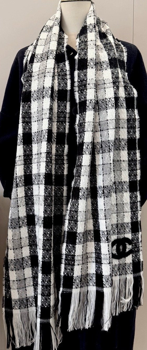 Chanel Black and White Plaid Fringed Scarf — hero