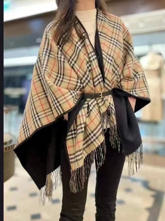 Burberry Reversible Plaid Fringe Cape Shawl — front