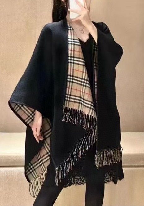 Burberry Reversible Plaid Fringe Cape Shawl — front