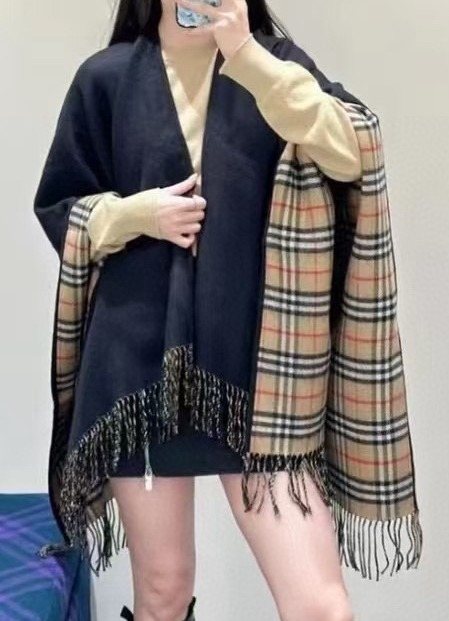 Burberry Reversible Plaid Fringe Cape Shawl — model