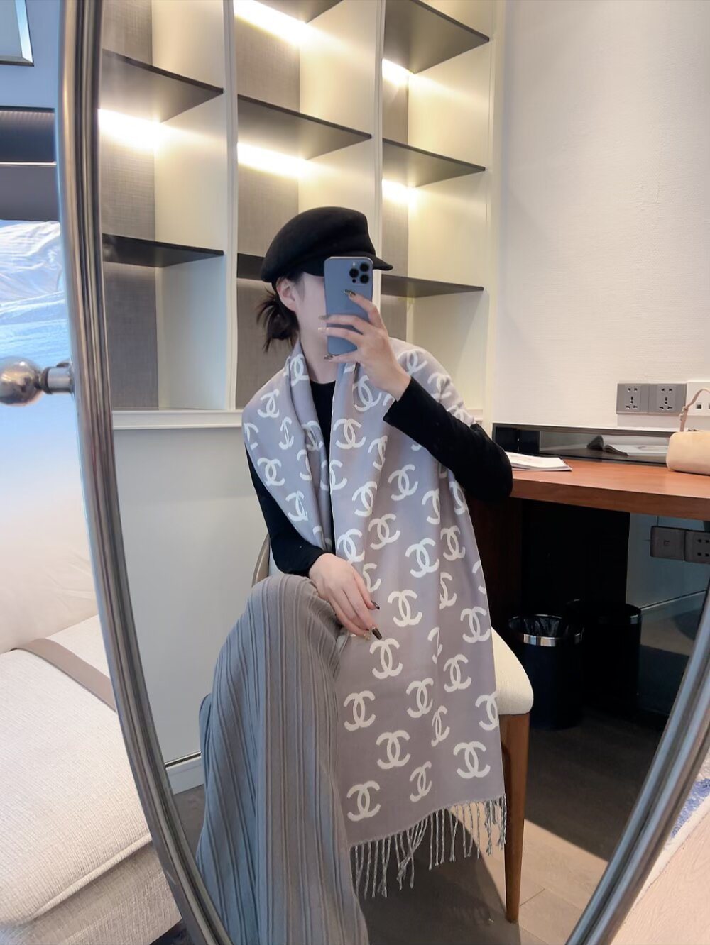Chanel Interlocking Motif Fringed Scarf — model