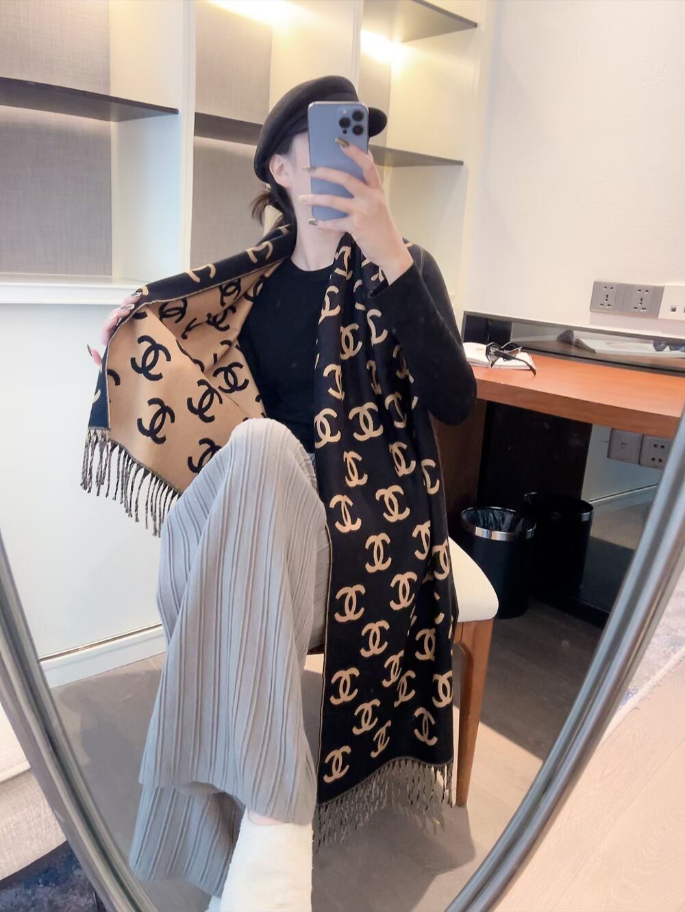 Chanel Interlocking Motif Fringed Scarf — model