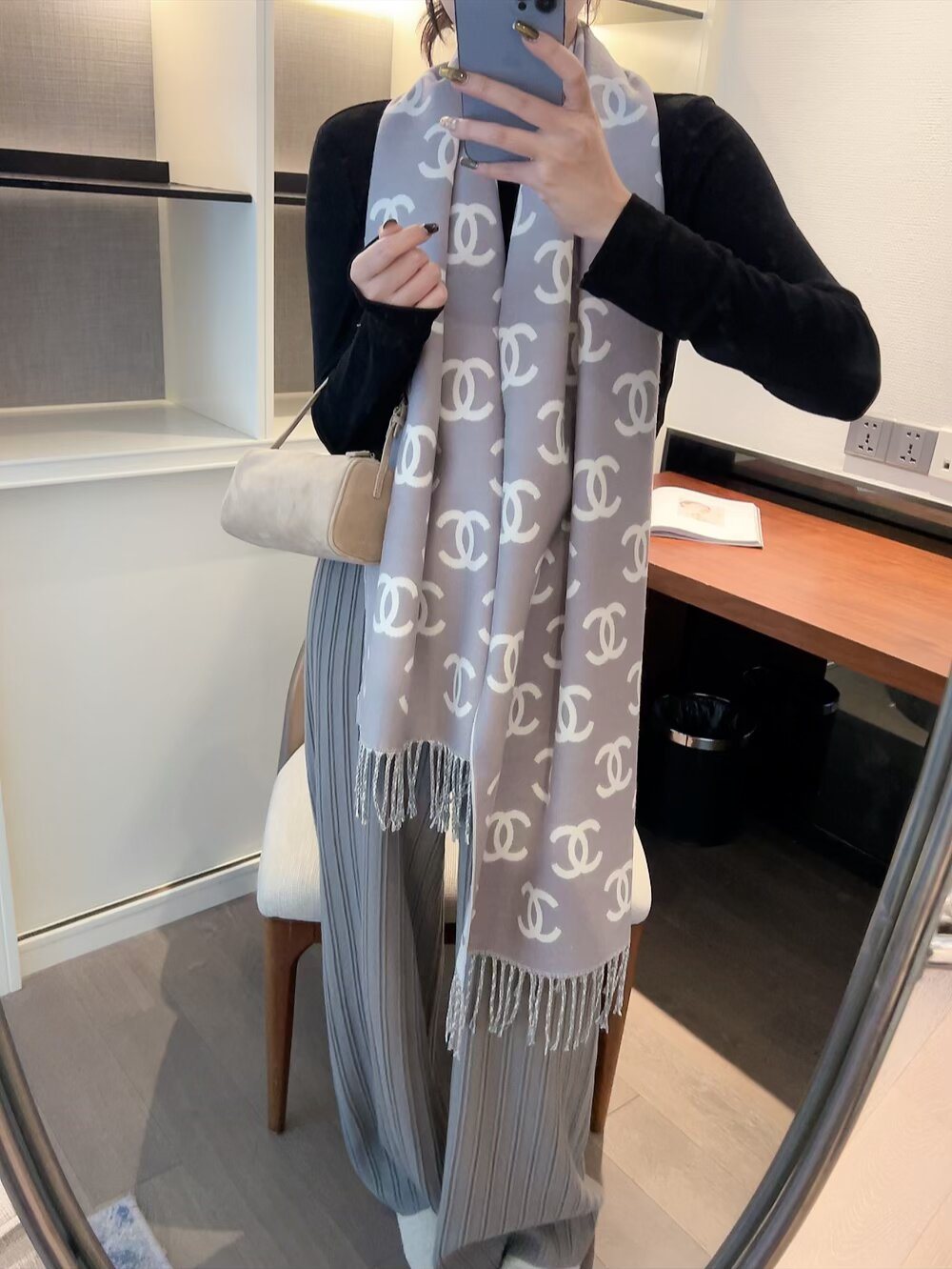 Chanel Interlocking Motif Fringed Scarf — model
