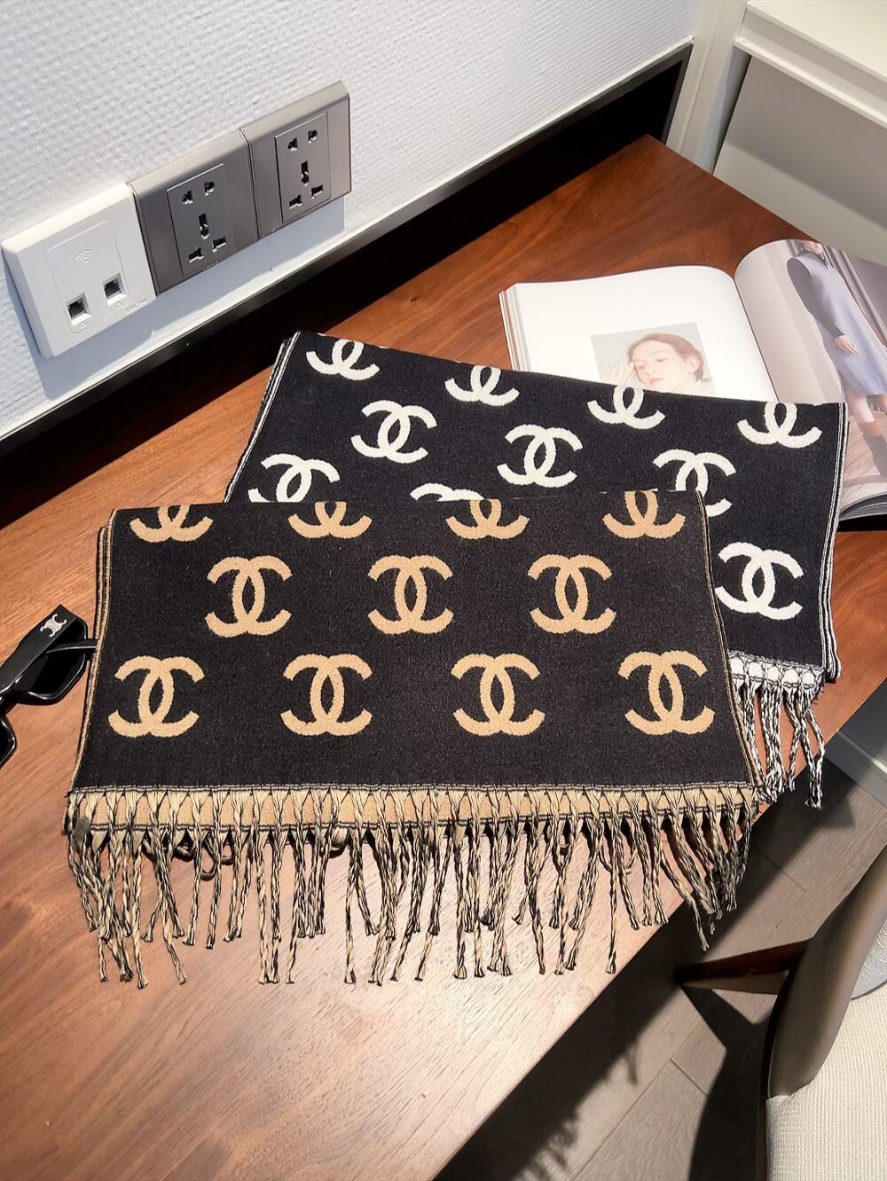 Chanel Interlocking Motif Fringed Scarf — front