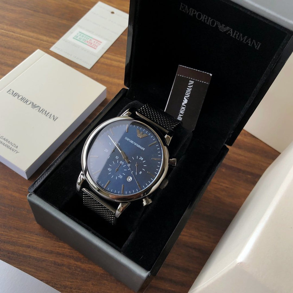 EMPORIO ARMANI Blue Dial Mesh Bracelet Watch — front