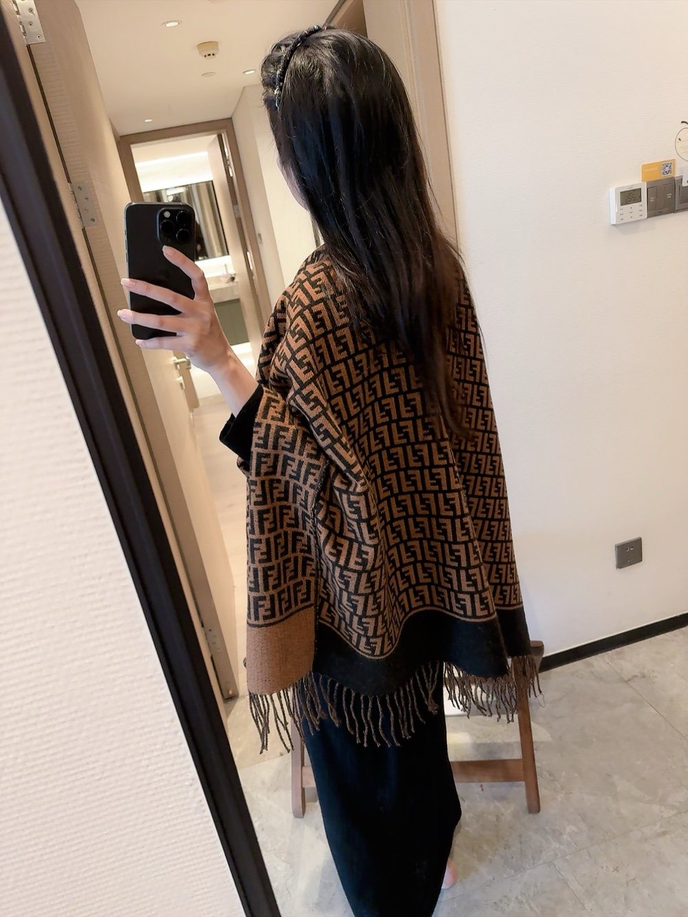 Fendi Brown and Black Fringed Cape — back