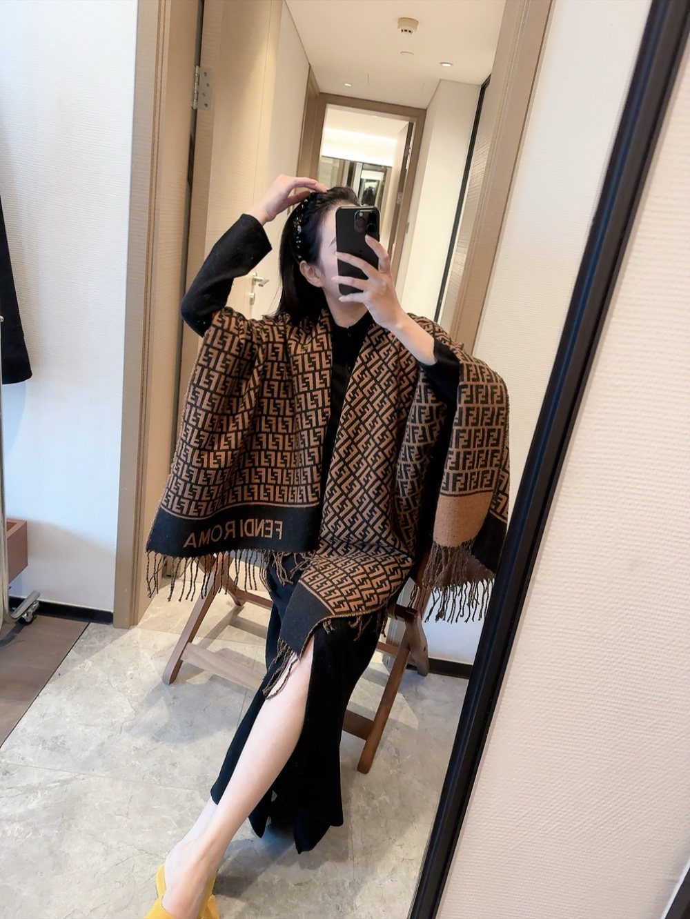 Fendi Geometric Fringed Poncho — model