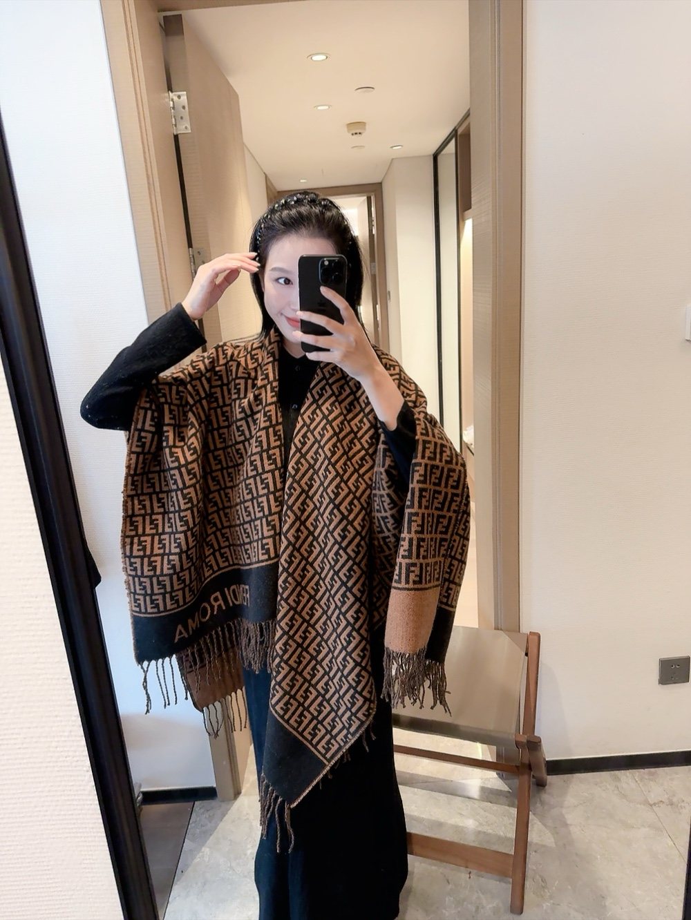 Fendi Brown and Black Fringed Cape — model
