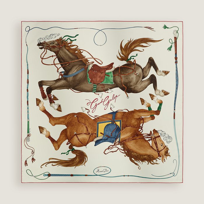 Hermès Cream Equestrian Silk Square Scarf — front