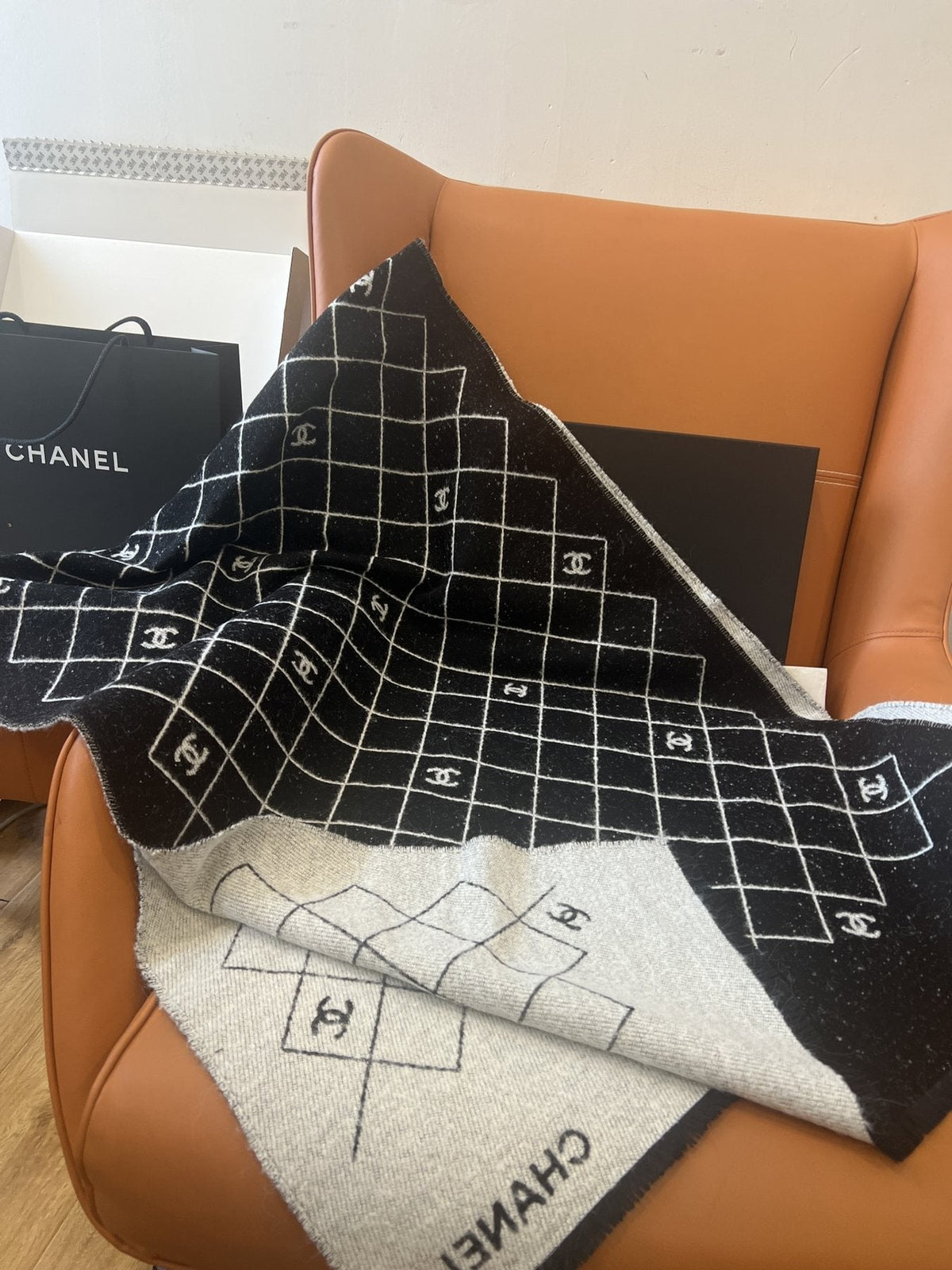 Chanel Black and Ivory Grid Shawl Scarf — detail