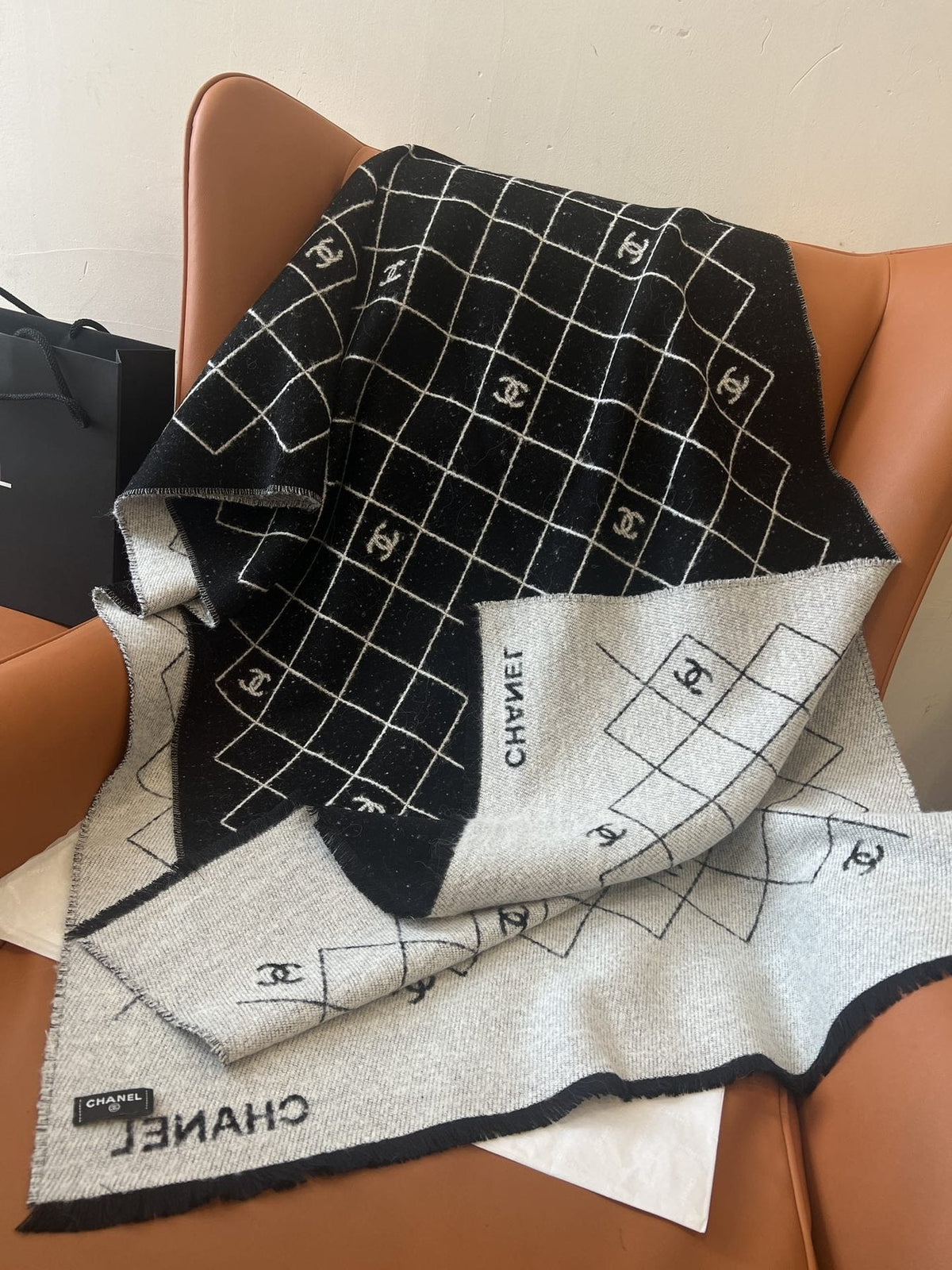 Chanel Black and Ivory Grid Shawl Scarf — front