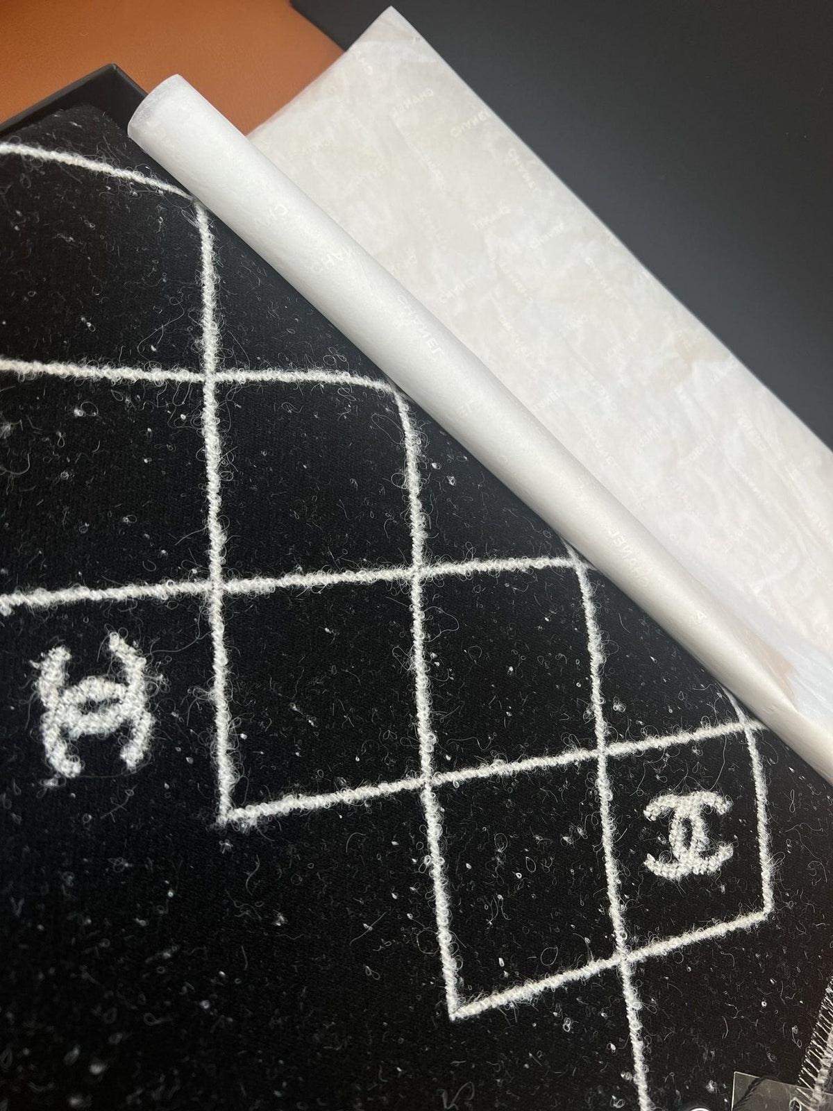 Chanel Black and Ivory Grid Shawl Scarf — fabric