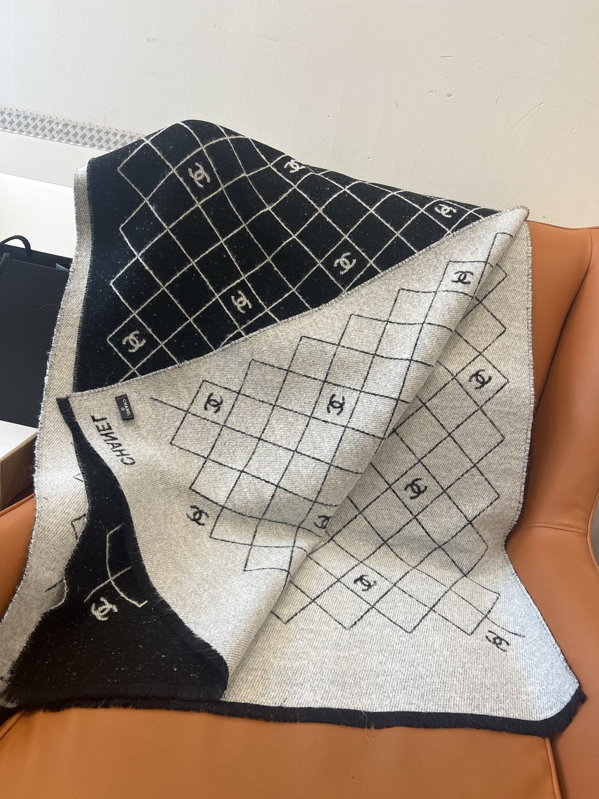 Chanel Black & Ivory Grid Shawl — side
