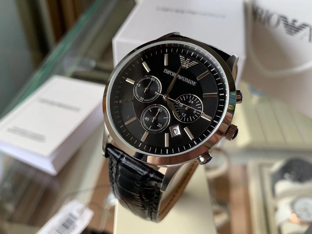 EMPORIO ARMANI Black Dial Leather Strap Watch — hero