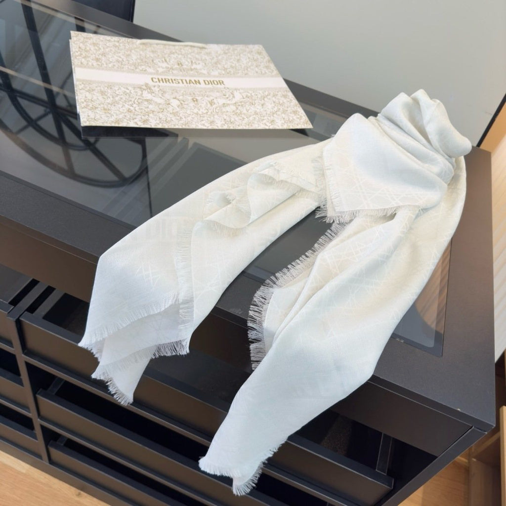 Dior White Geometric Fringed Scarf — side