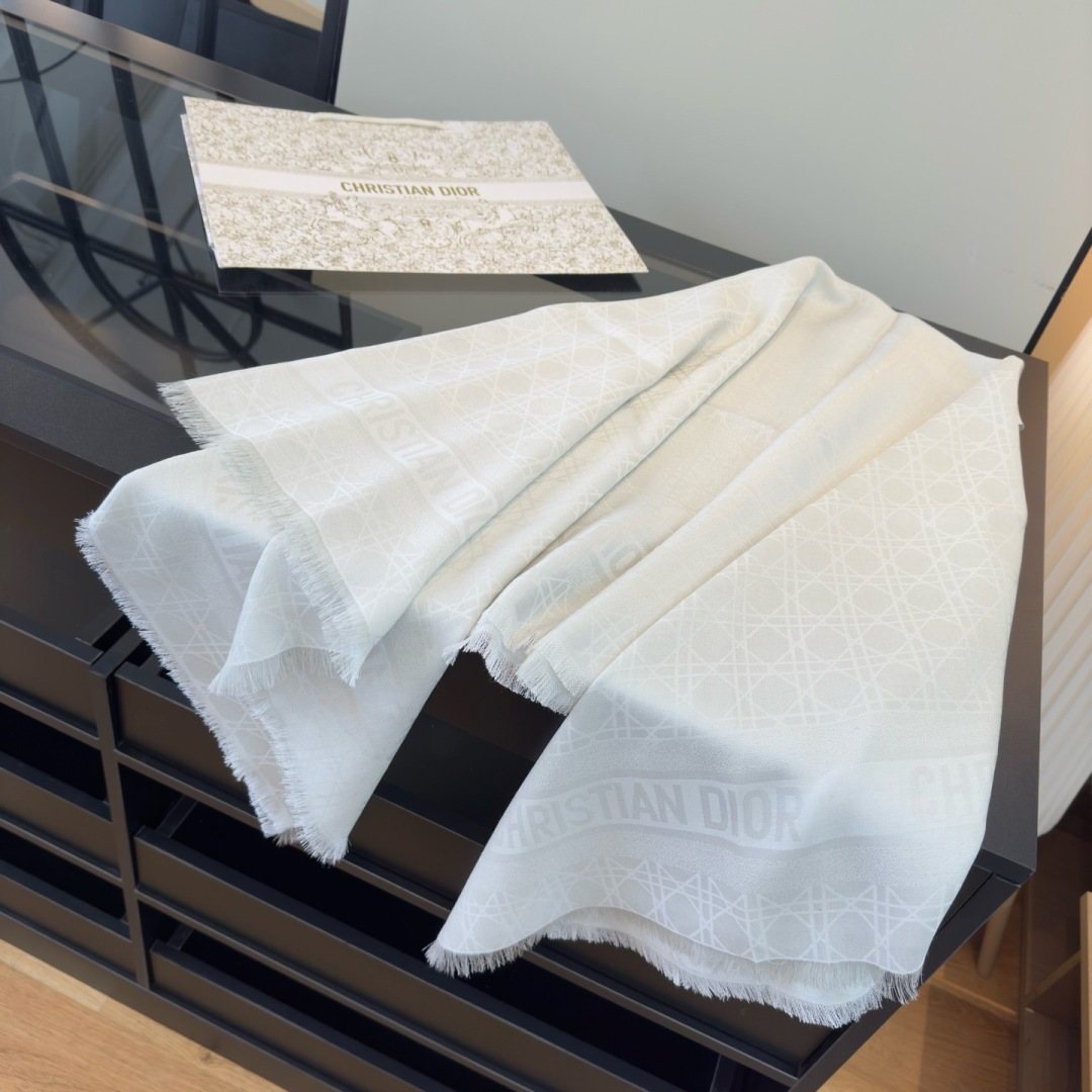 Dior White Geometric Fringed Scarf — hero