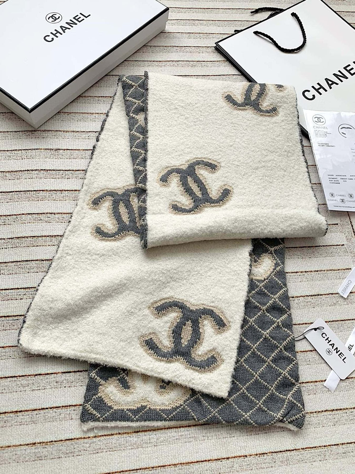 Chanel Gray & Ivory Diamond-Pattern Scarf — front