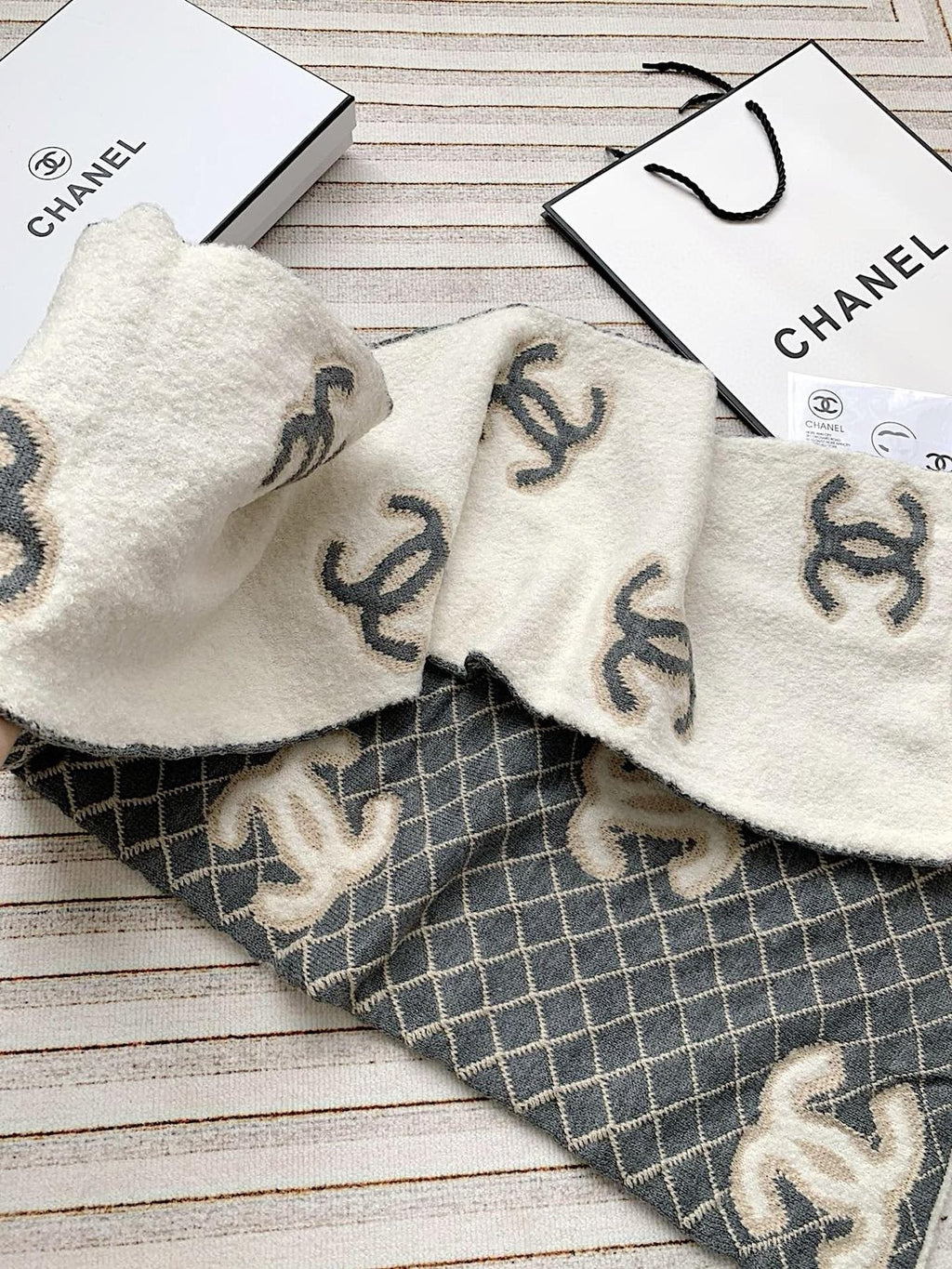Chanel Diamond-Pattern Logo Scarf — side