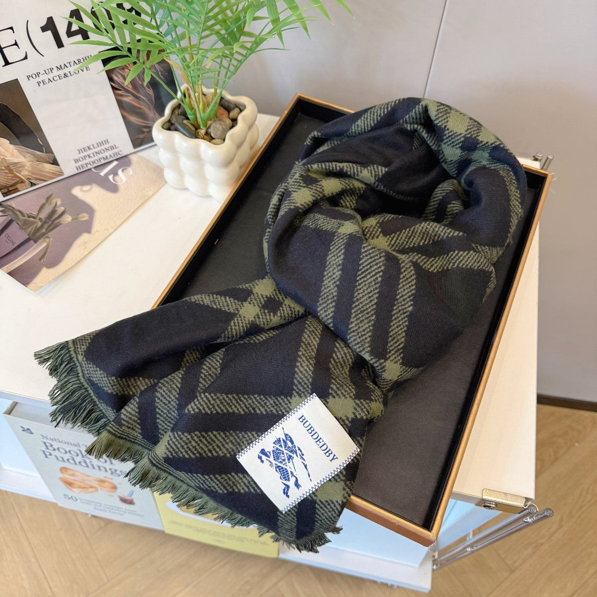 Burberry Black and Olive Green Plaid Scarf — detail