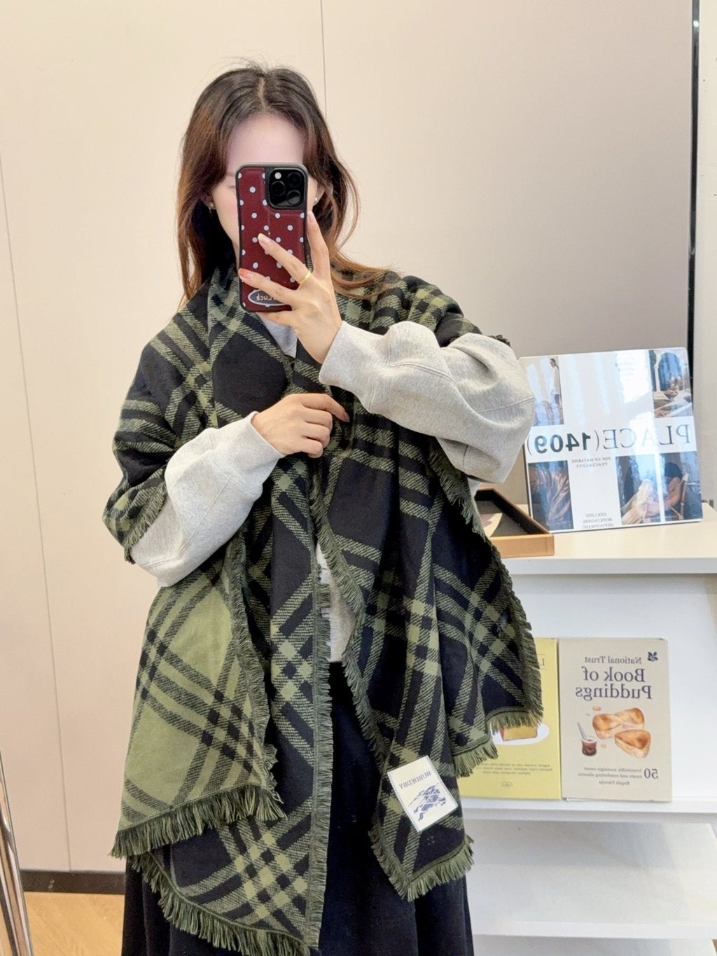 Burberry Black and Olive Green Plaid Scarf — model